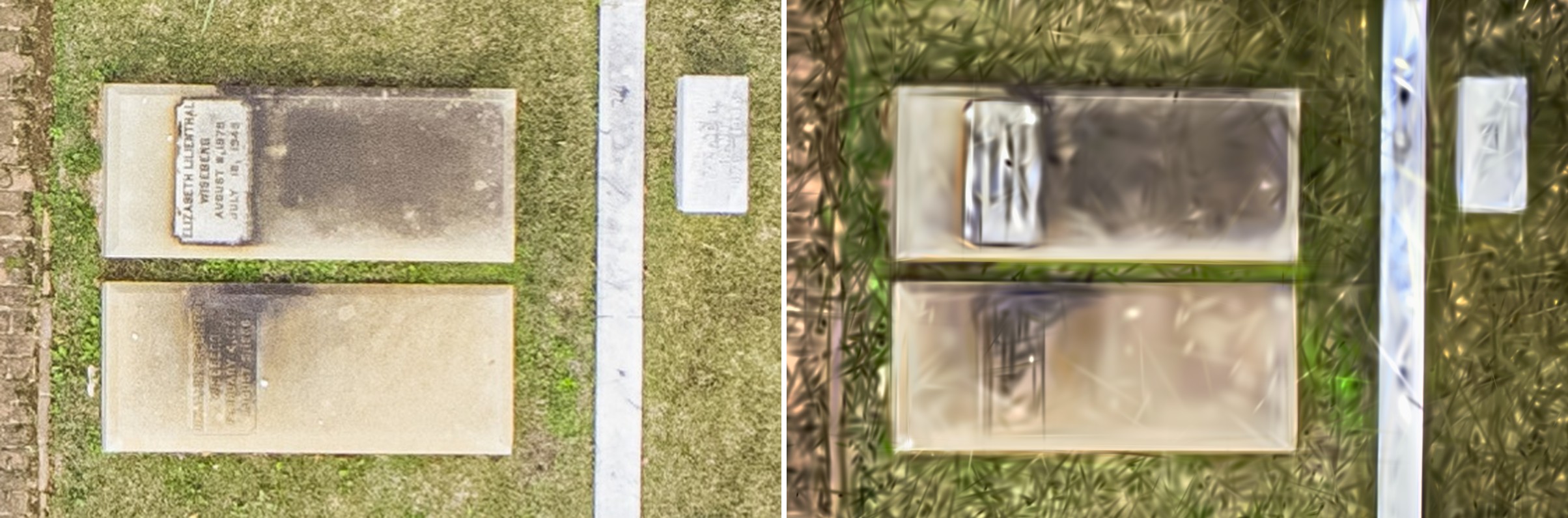A grave marker in the photograph and in the model