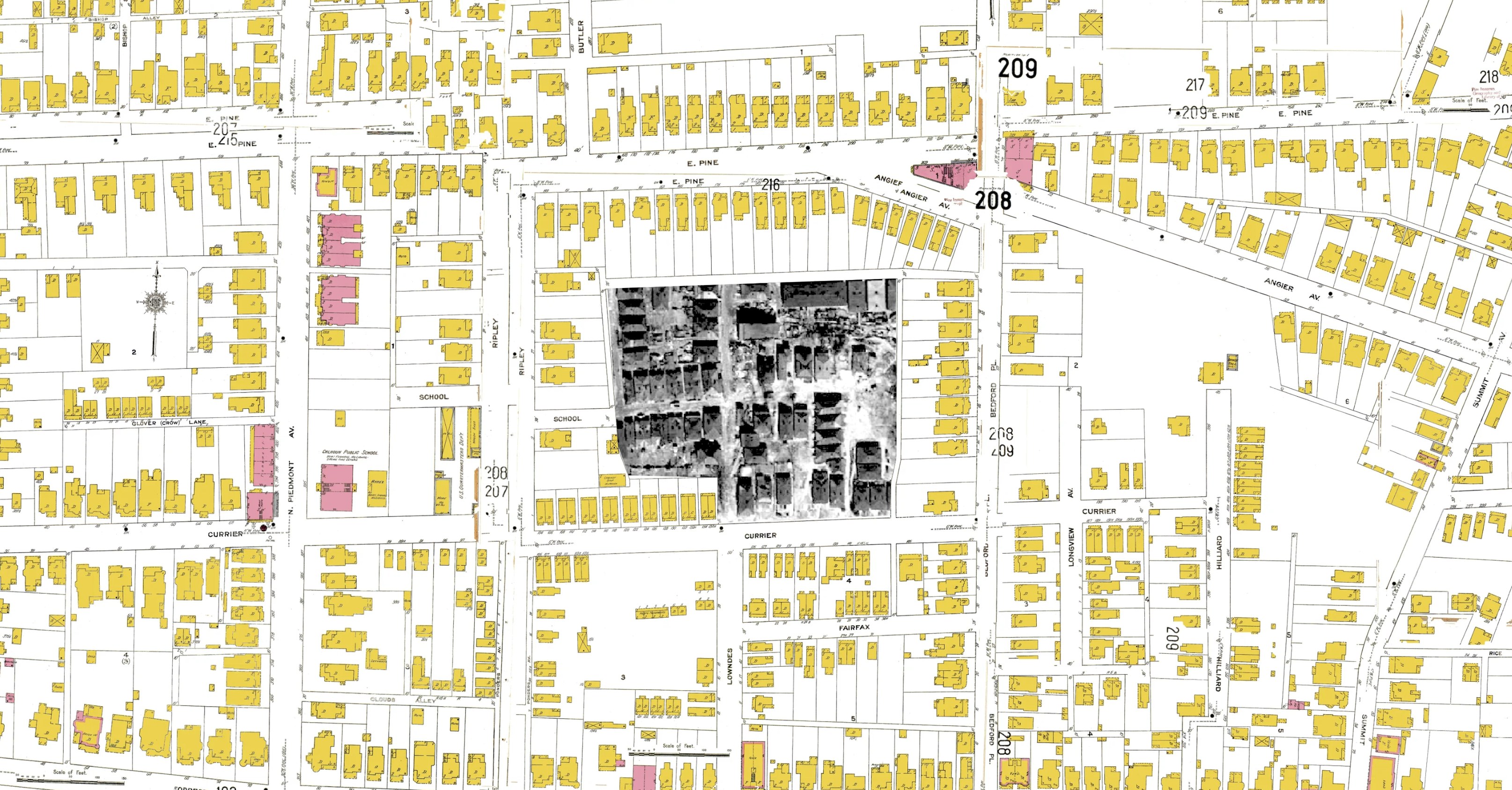 Sanborn map, 1911, with the 1949 aerial photograph showing the houses in its blank area